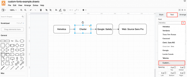 通过draw.io中的文本选项卡将字体更改为自定义字体